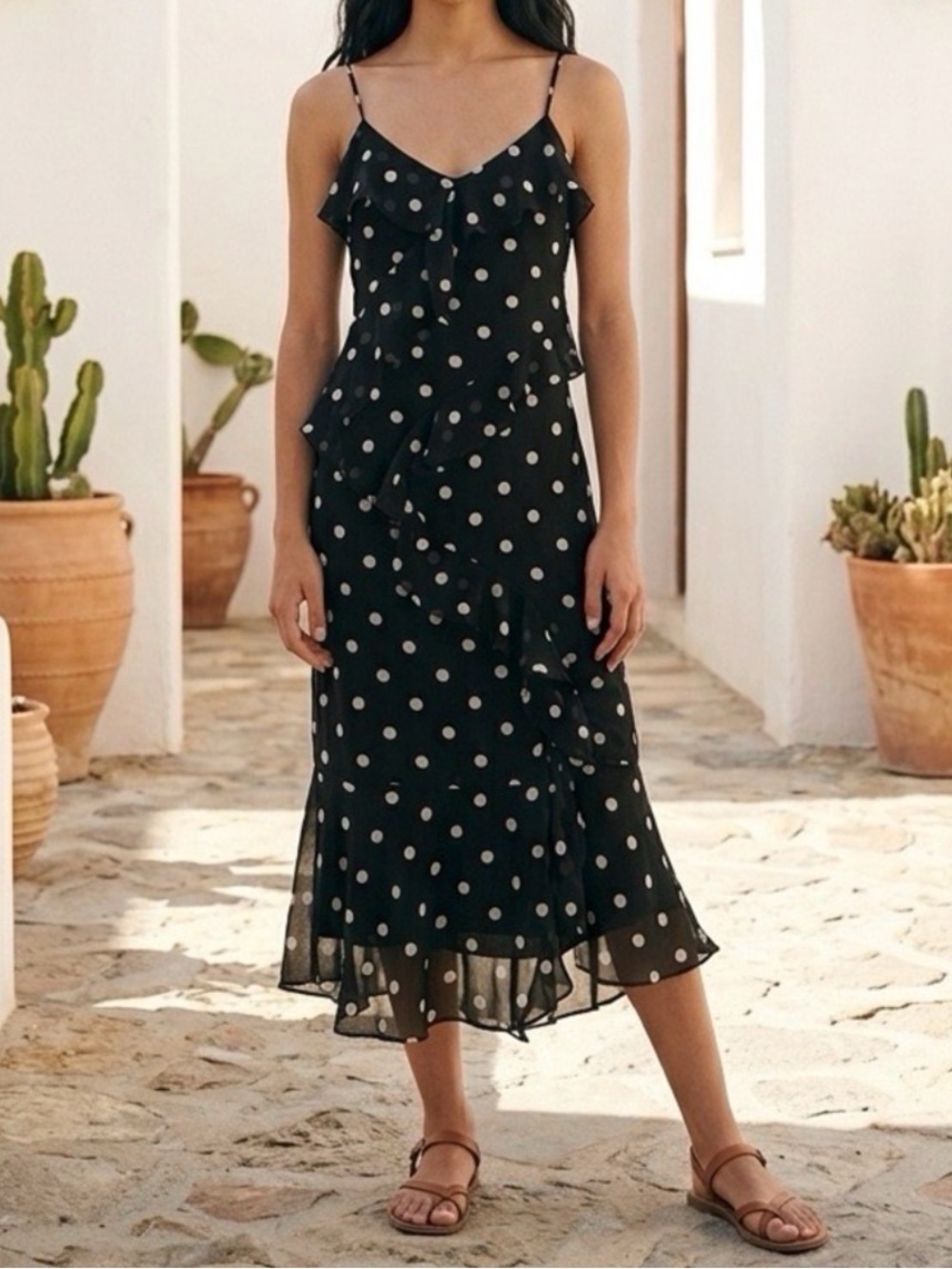 The Workshop Black Polka Dot Ruffle Maxi Dress with Spaghetti Straps
